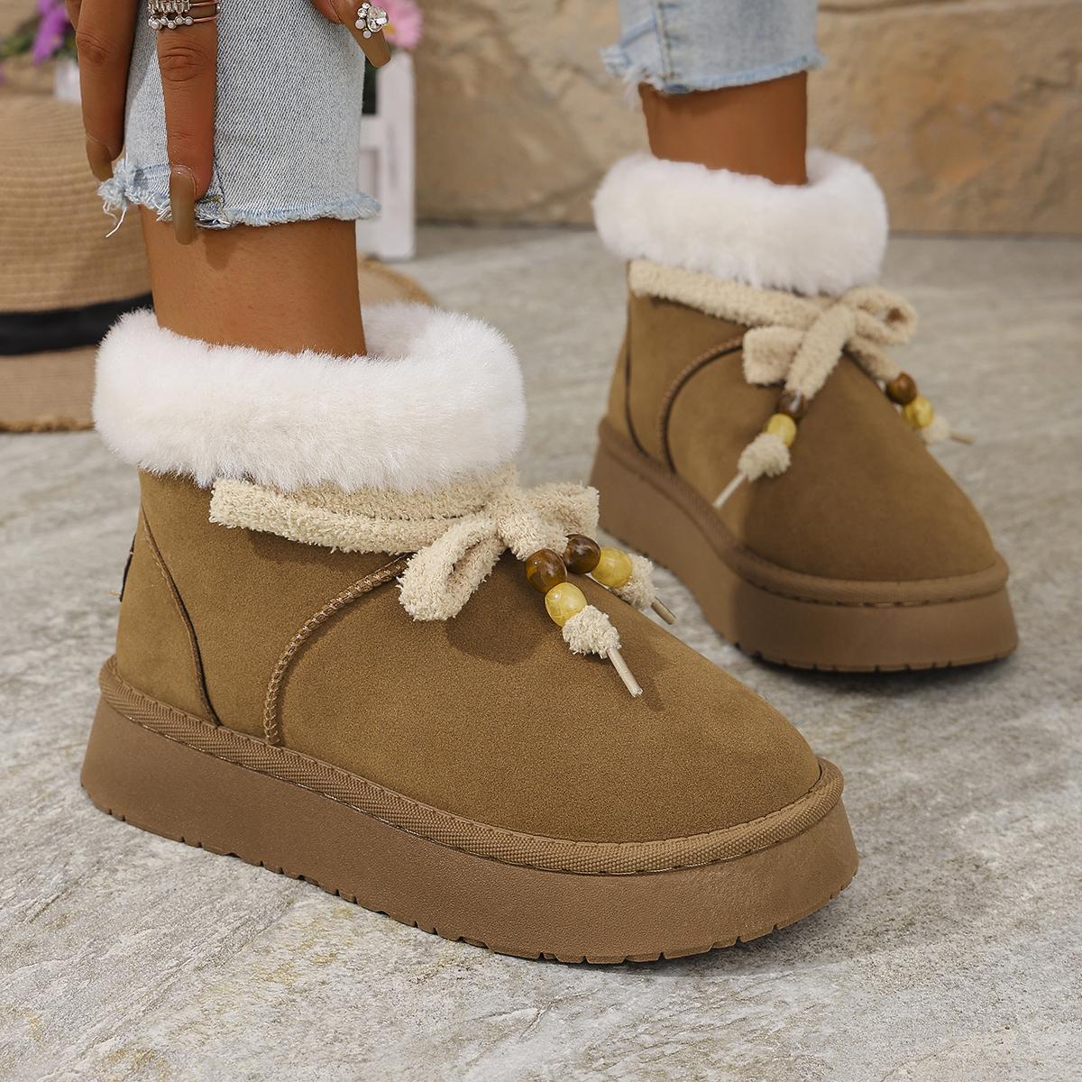 

Fashion Women s Thick Bottom Furrry Snow Boots Winter 2025 Lacu Up Bowknot Fur Ankle Boots Warm Short Plush Designer Shoes for Woman 41
