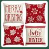 Red Festive Snowflake Element Letters Digitally Printed Linen Material Home Decoration Sofa Pillow Cover