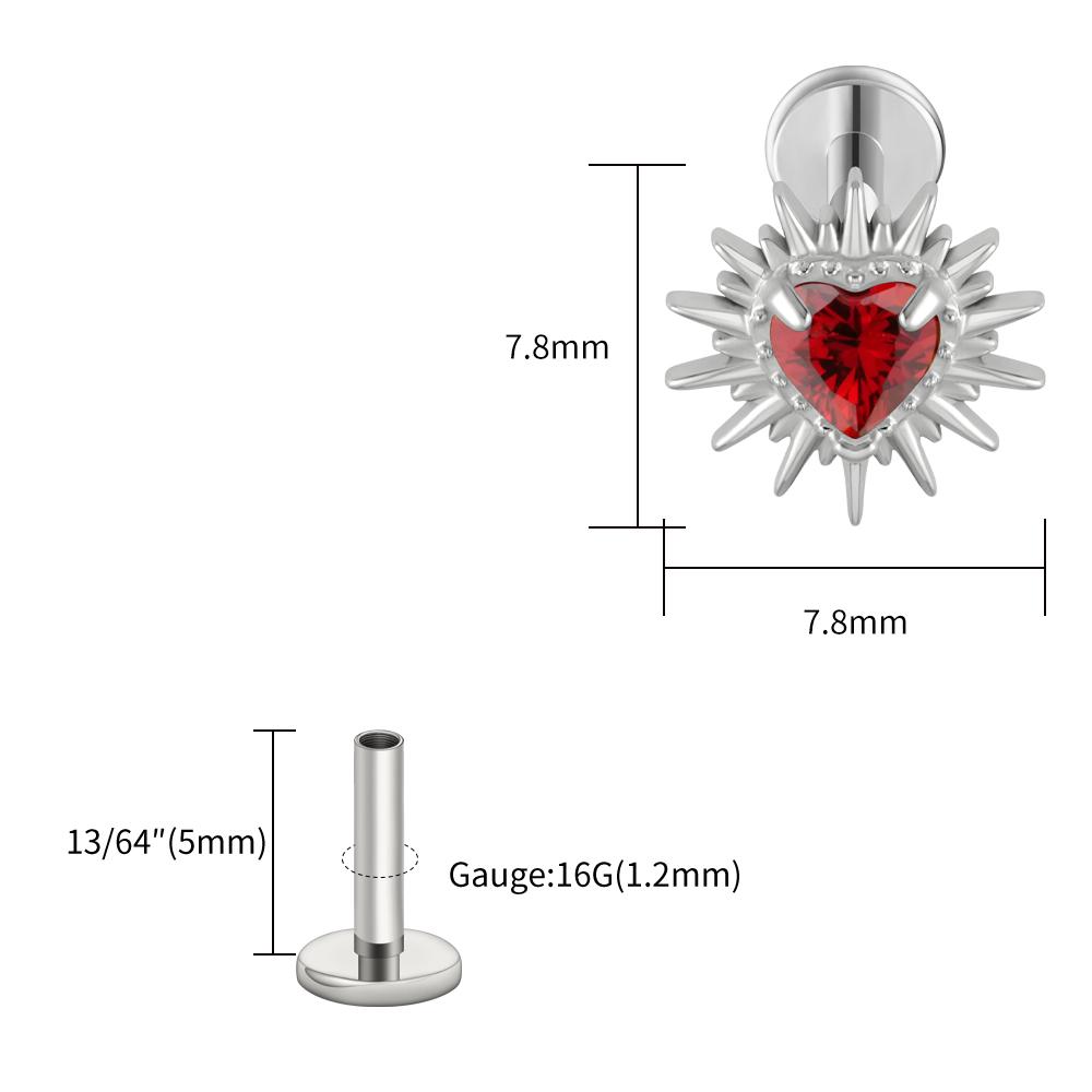 Stud Labret Flat Back Coração Quebrado ASTM F136 Titânio Right Grand 16G Argola de Cartilagem Coração CZ Piercing Helix Tragus Joia