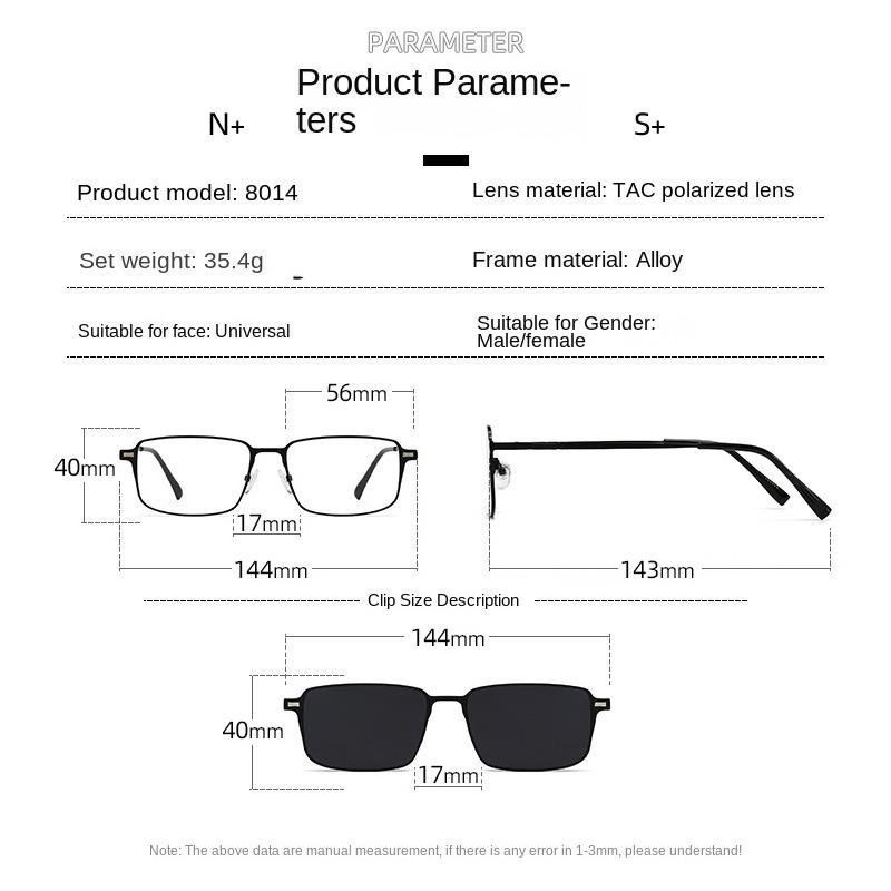 Sunglasses Small Square Stainless Steel Eyeglass Frame Polarizced Clips Magnetic On Glasses Optical Magnet Eyeglasses 3 IN 1