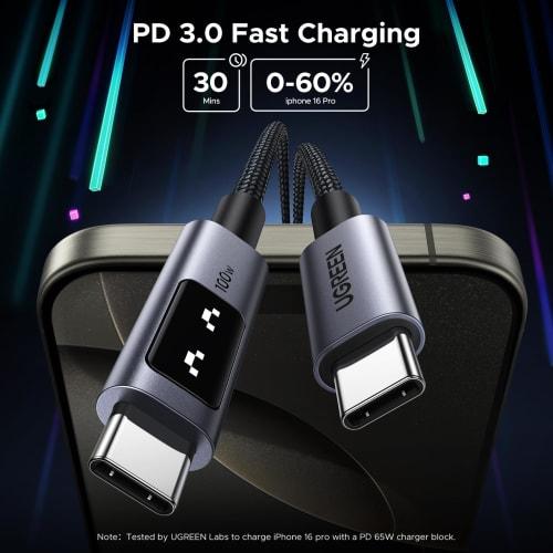UGREEN Uno Type C kaabel 100W/5A PD3.0 ülikiire laadimine E-maker kiip LED naeratuse visualiseerimine nailonpunutis Kõrge vastupidavus USB C to USB C ühilduv w