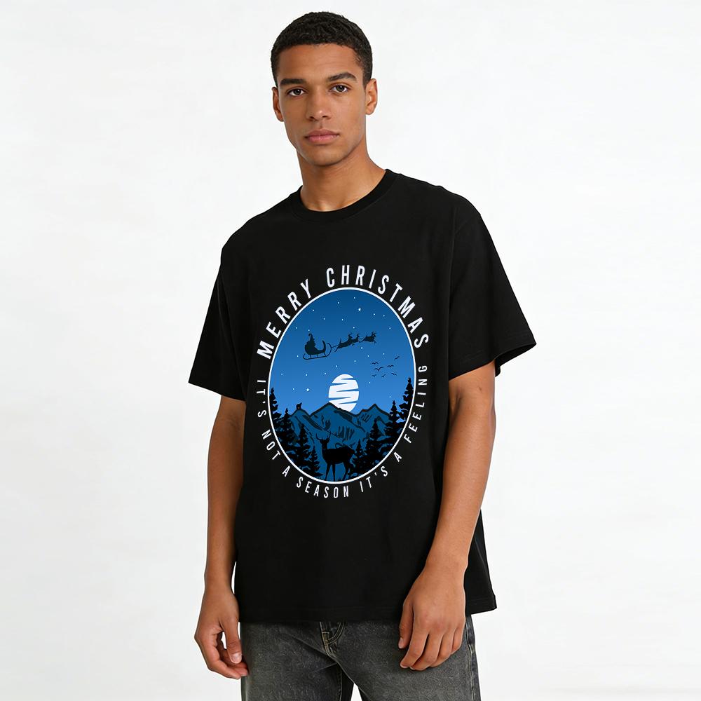 Merry Christmas Moonlit Reindeer Sleigh Graphic Top Pure cotton T-shirt
