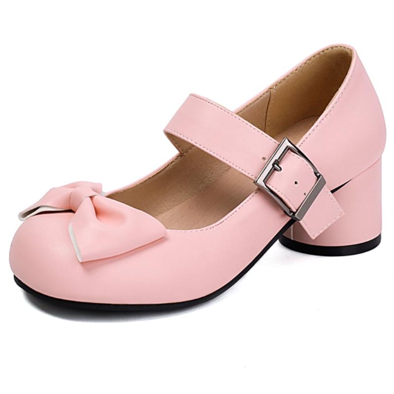 

Round Heels Mary Janes Shoes For Girls Fashion Sweet Bow-tied Pink Black White Short Heeled Dance Wedding Shoe Women 2025 Spring 39 рожевий