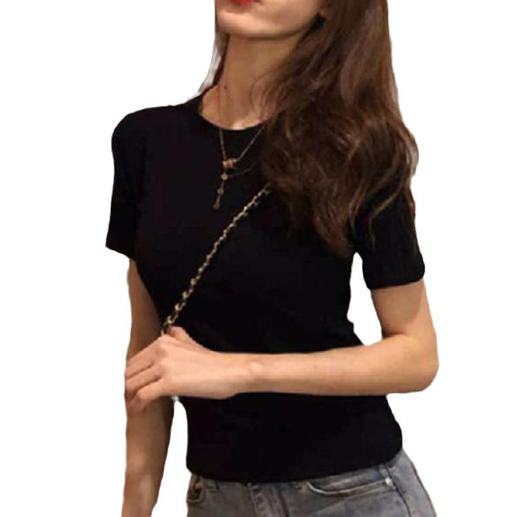 Women's Slim Fit Solid Color Short-Sleeve Round Neck T-Shirt - Korean Summer Style