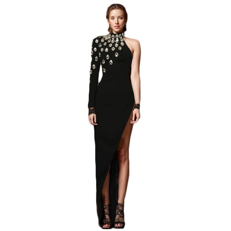 Women's Bandage Dress Rhinestone One Shoulder Long Sleeve Open Leg Dress Party New Product Hot Sale