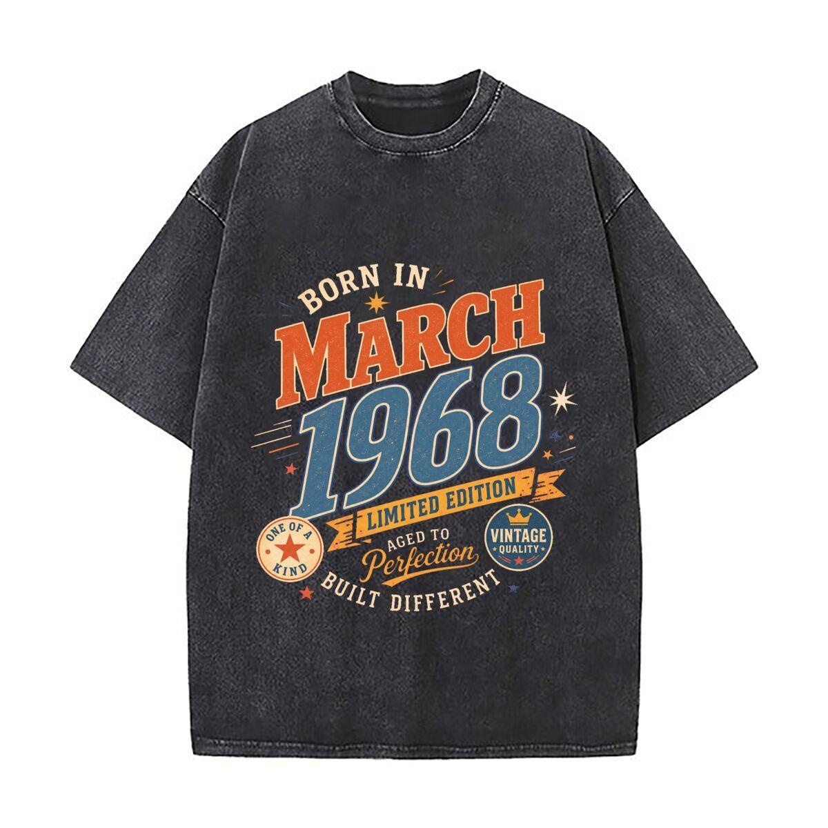 Retro March 1968 Birthday Typography Vintage Distressed Washed Cotton Short Sleeve Streetwear Outfit M