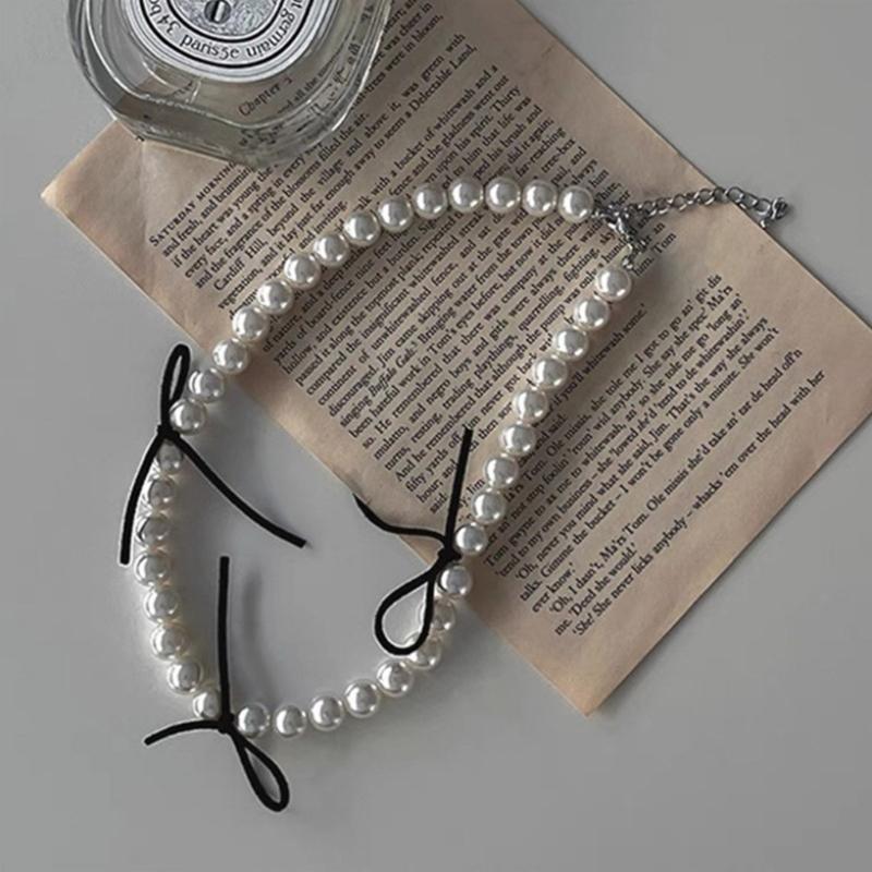 Simulierte Perlenkette Damen Temperament Perlen Schleife Schlüsselbein Kette