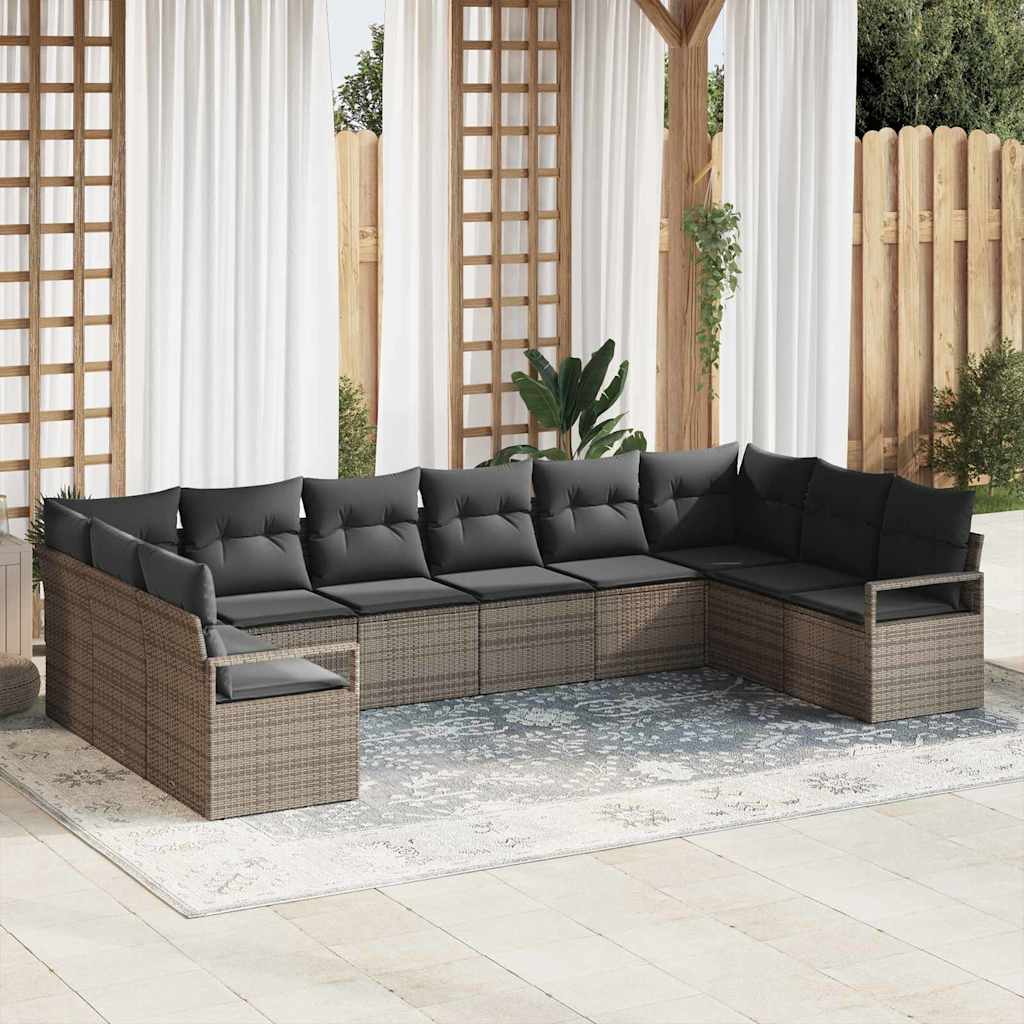 10 Piece Grey Poly Rattan Sofa Set with Cushions