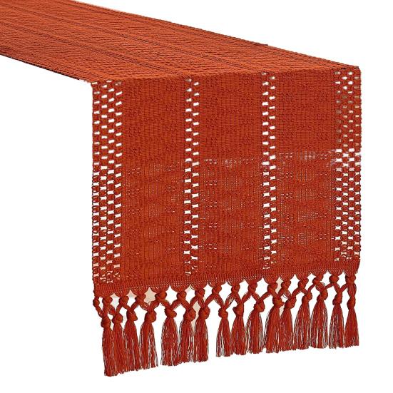 Boho Knitted Table Runner Handmade Rustic Table Runner with Tassels Cotton Linen Farmhouse Table Runner for Dining Table Sideboard Dresser Decor