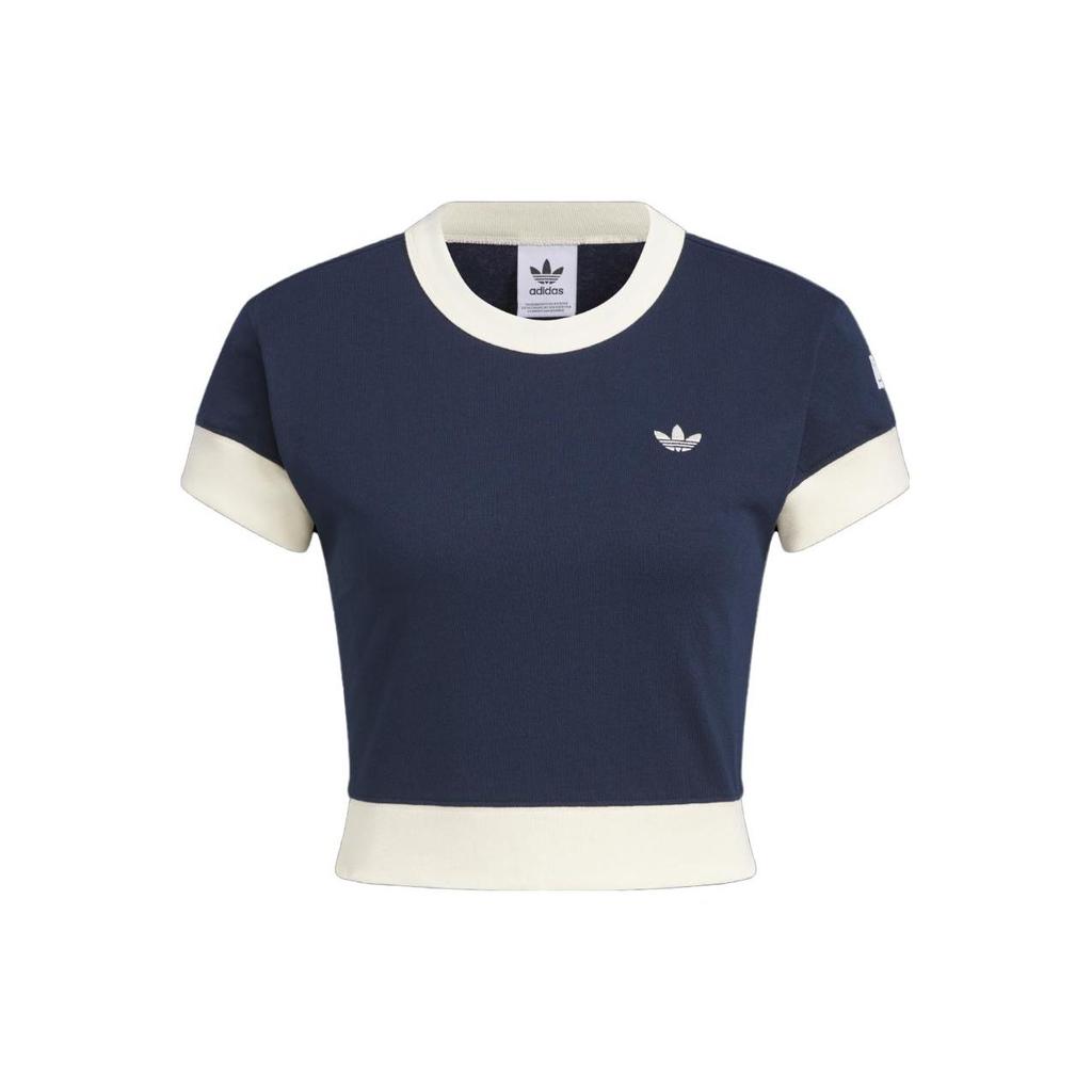 Adidas Originals X Notitle Collage Color-Block Stitching Short Cropped Round Neck T-Shirt Women Tops Blue IN1079