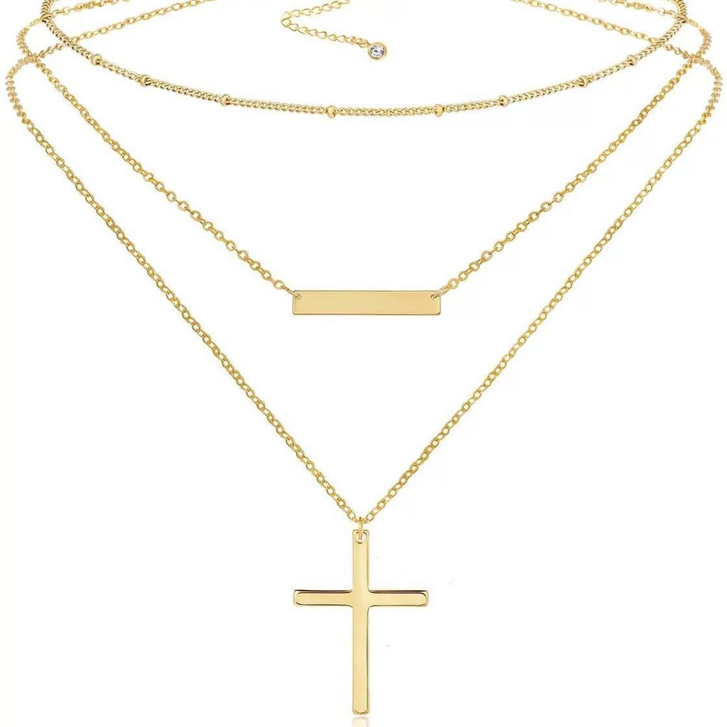 Stainless Steel Double Layer Cross & Bead Necklace for Women
