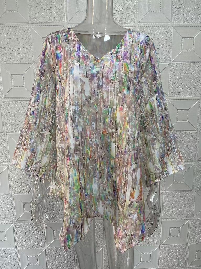 2024 Women's Plus Size Casual V-Neck Long Sleeve Printed Top