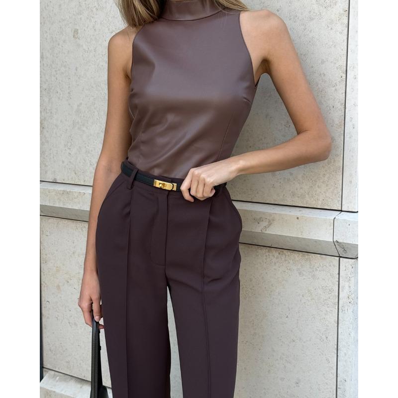 Women's Solid Colour Slimming Half High Neck Sleeveless Vest Top