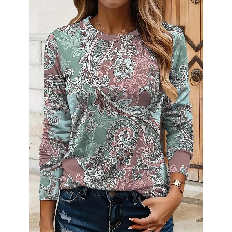 2025 Women's T-shirts Casual Long Sleeve Tops Vintage Paisley Graphic Tees Shirts Blouse O-neck Fall Winter Streetwear Pullover