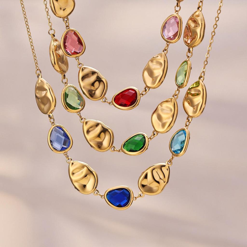 18k Gold-Plated Geometric Oval Glass Stone Clavicle Necklace for Women