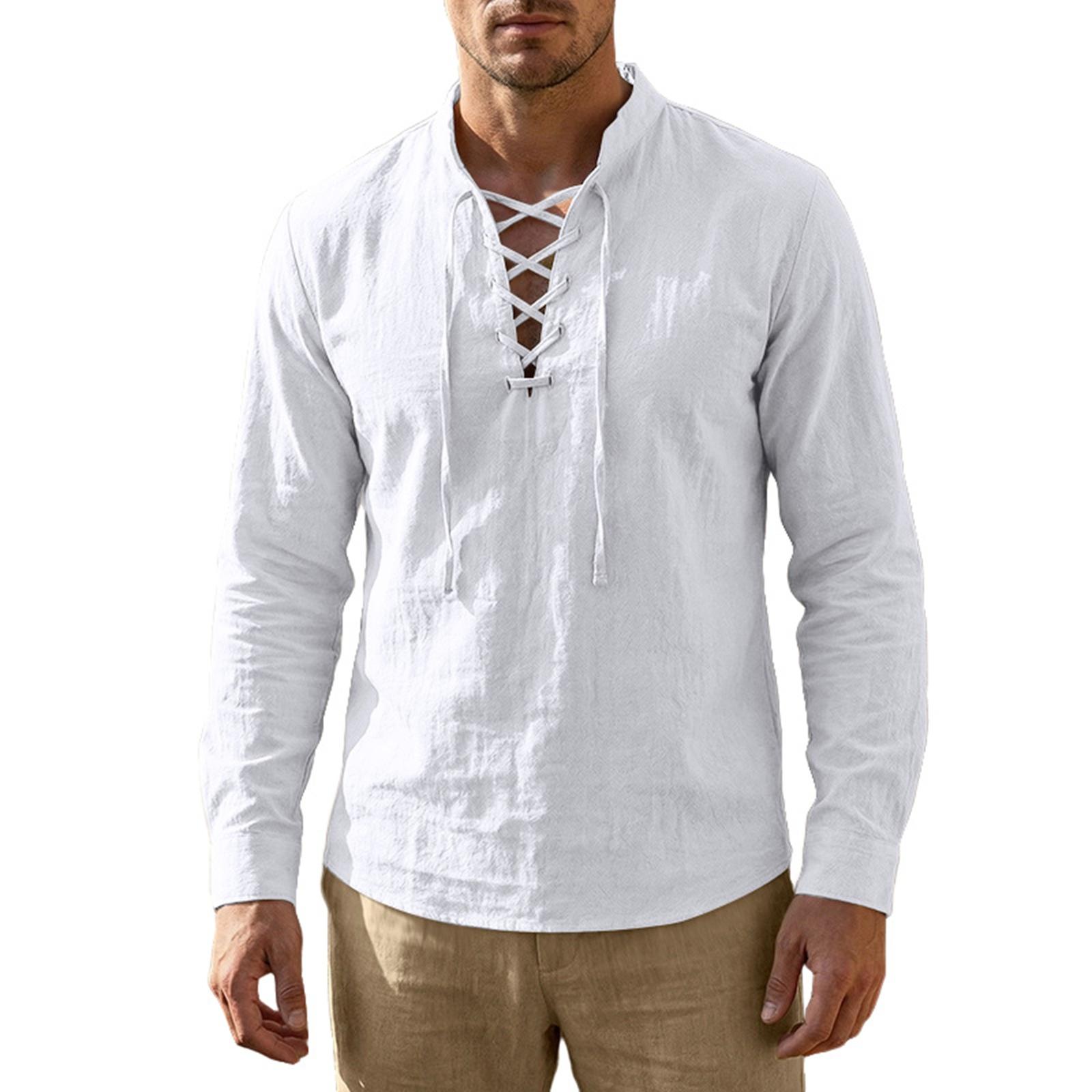 

Men s Cotton-Linen Drawstring Collar Long-Sleeve Top Men s Casual Stylish Long-Sleeve Shirt XL білий