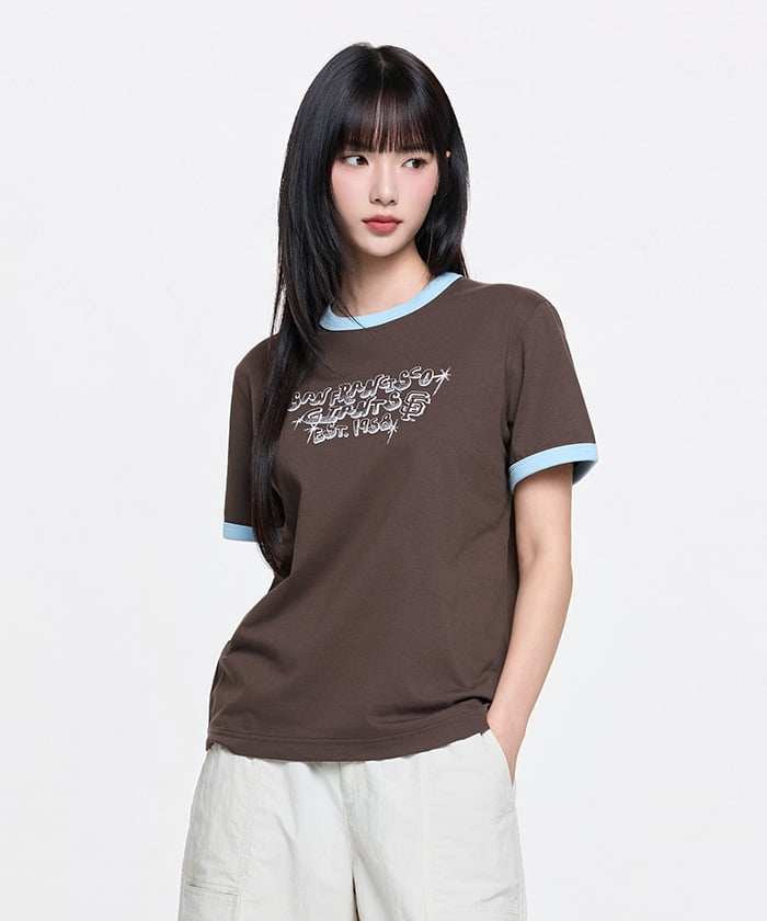 Emelbi Letter Graphic Regular Fit Ringer T-Shirt Sf (D.Brown)