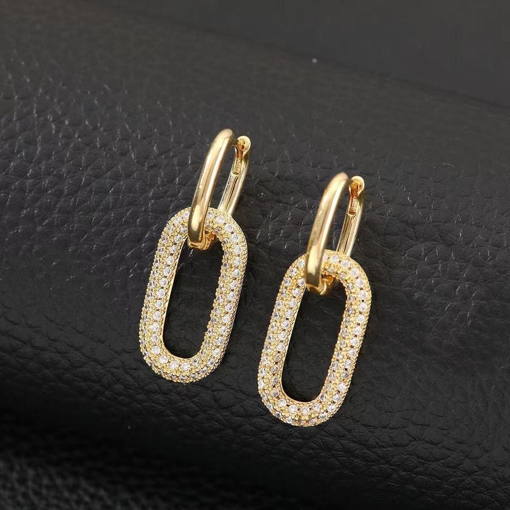European Style Zirconia Double Ring Earrings: Elegant, Fashionable, Versatile, Light Luxury, Geometric Design for Women.
