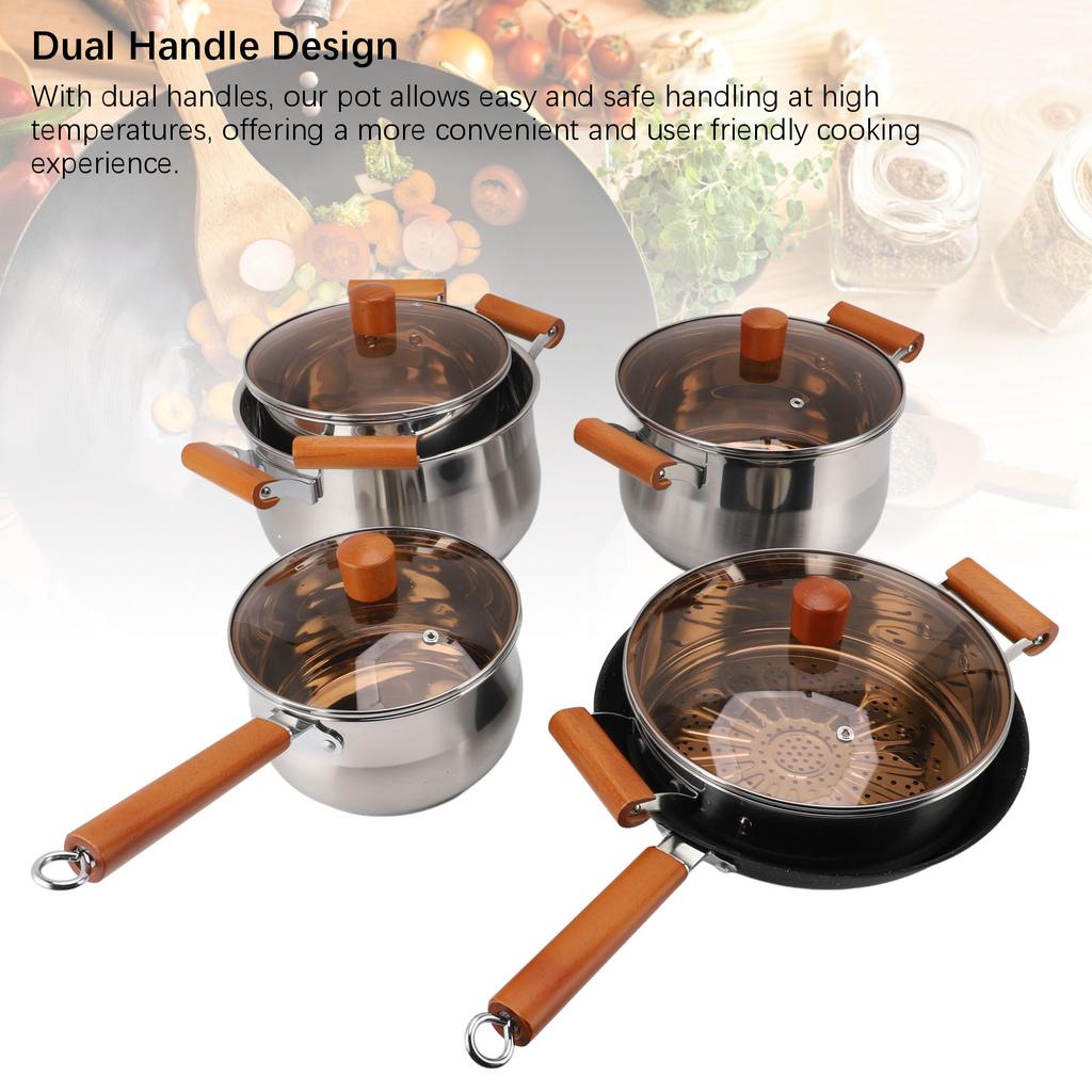 Stainless Steel Cookware Set Wooden Handle Multifunctional Kitchen Cooking Set for Steaming Boiling Making Soup