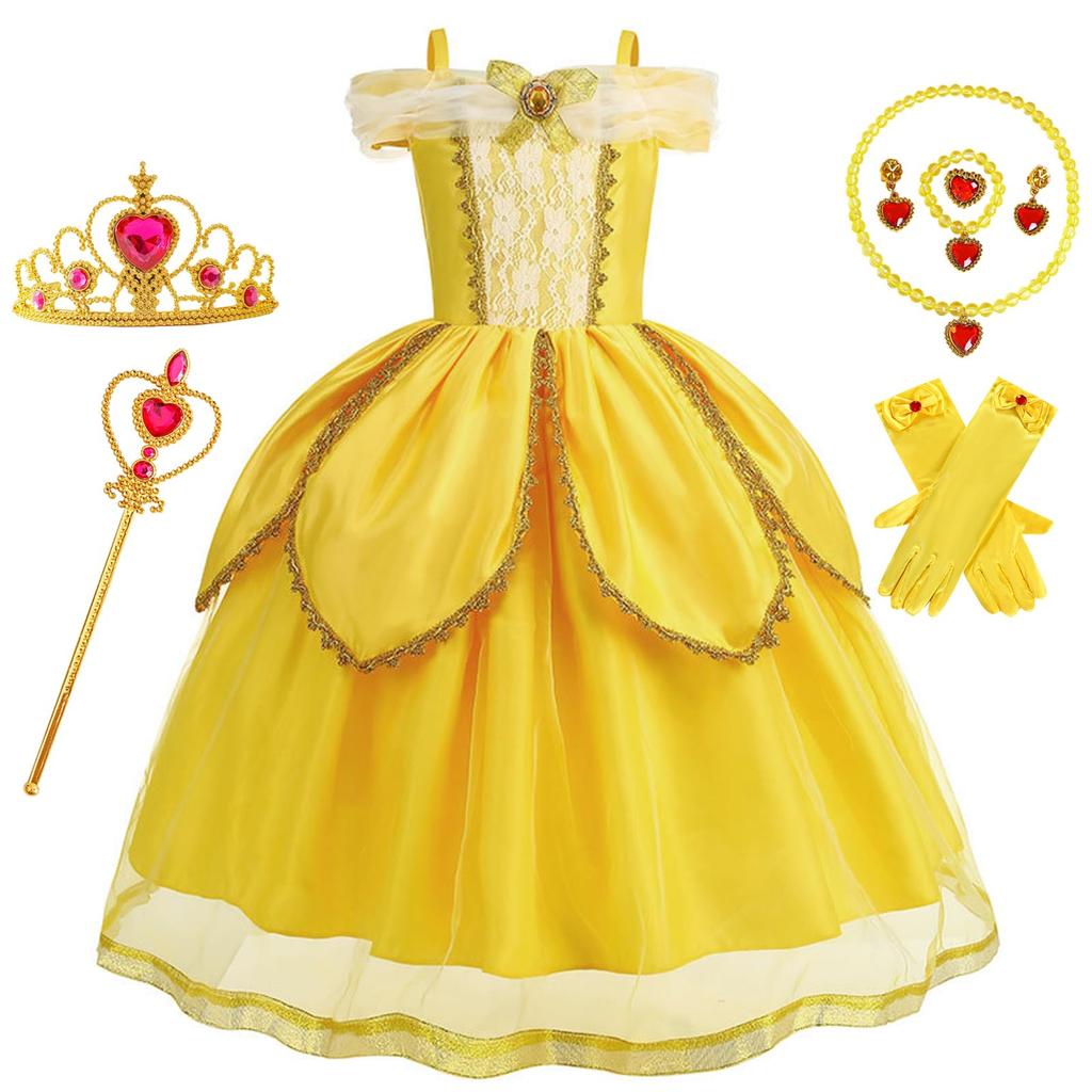 Princess Belle Princess One Luxury Magic Ring Princess Halloween School Cultural Christmas Children Yi-gog Dress, Dress, Cosplay, Piece, 8-Piece Set,
