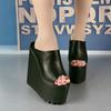 16CM Dámské platformové sandály Peep Toe Klínový podpatek Mules Letní Sexy sandály pro ženu Super Vysoké Černé Kožené Nazouváky pantofle