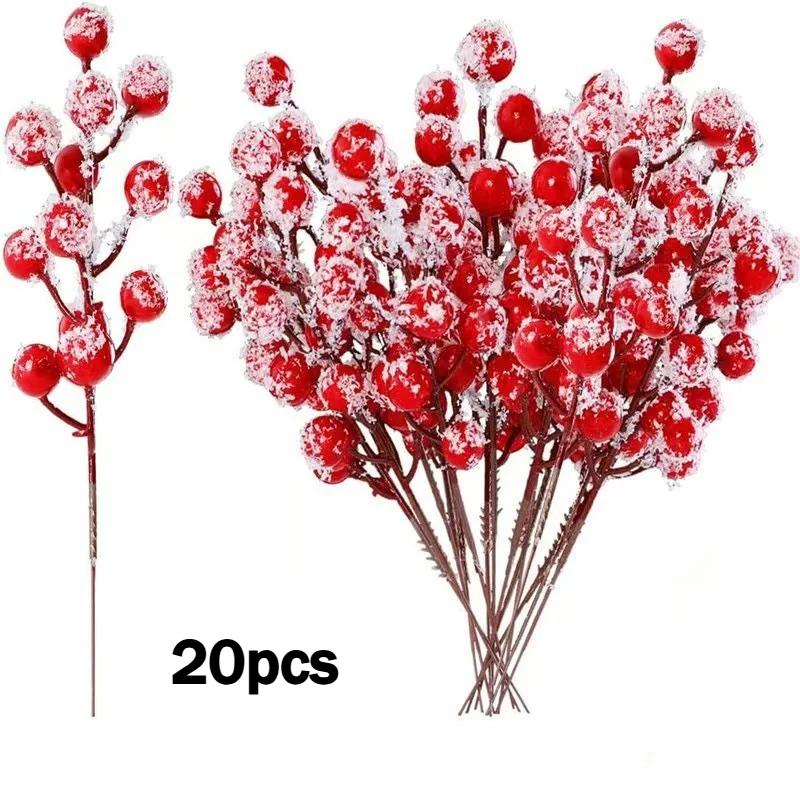

20pcs Artificial Snow Frosted Red Berries Stems Home Decor DIY Crafts Tree Party Decoration New Year Festive Ornaments