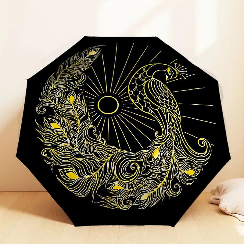 1pc Peacock Feather Automatic Folding Umbrella 8 Rib Iron Frame,  Suitable for Travel, Daily Use, Birthday, Women & Men Gift C1231048