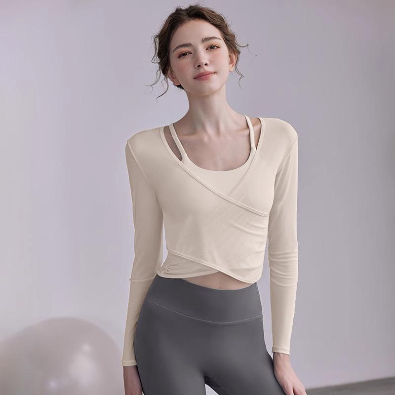 Yoga clothes, tops, women's spring and summer Pilates training, sportswear set, fitness clothes, long sleeves, chest pads, chest pads.