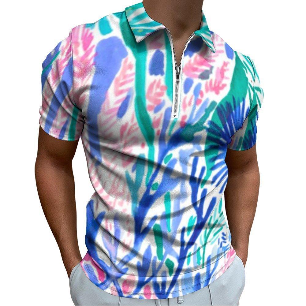 Vibrant Print Short Sleeve Zip Neck Polo, Casual Daily Top