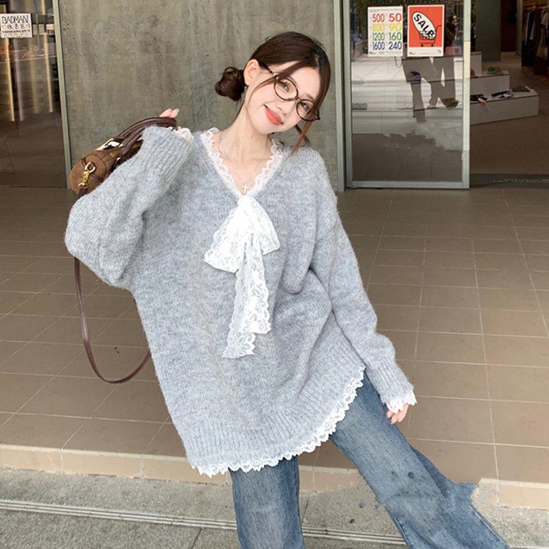 Lace Bow Woman V-neck Sweater Long Sleeved Casual Female Loose Solid Color Pullover Women s Warm Full Sleeve Shirt for Autumn and Winter one size
