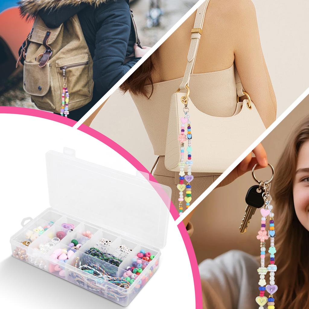 421 Pcs Beaded Keychain Making Kit DIY Key Chain Charm Acrylic Heart Flower Star Letter Bag Beads Jewelry Making Kit for Women