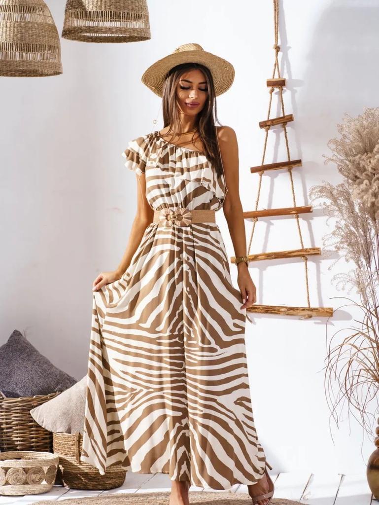 European and American Summer New Waist Off-the-shoulder Printed Long Casual Dress for Women