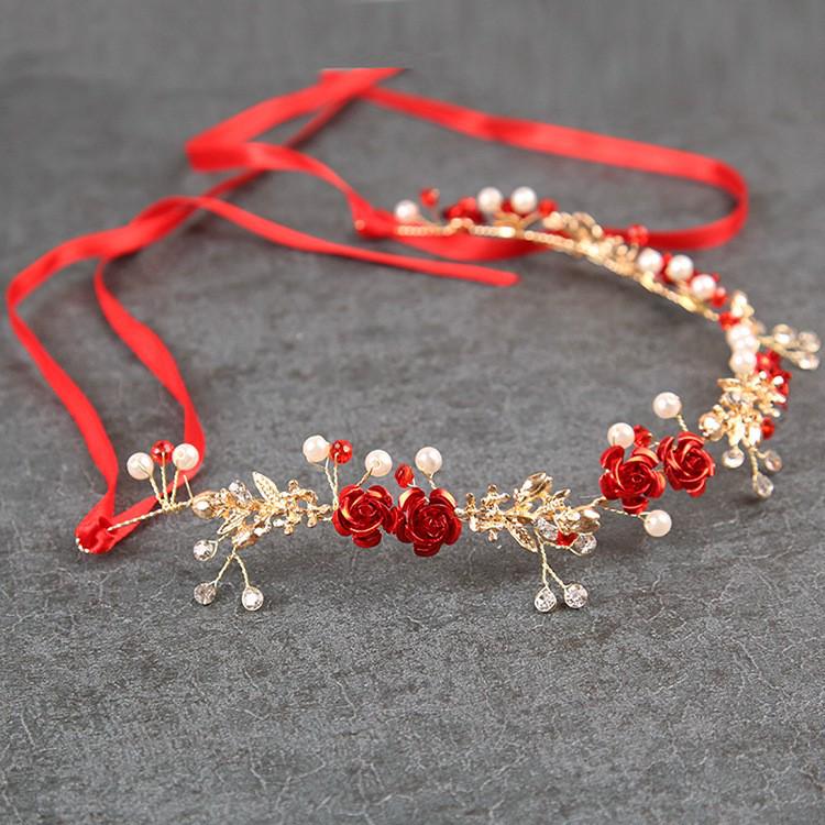 Fascia Rossa da Sposa Coreana con Rosa e Strass per Matrimonio