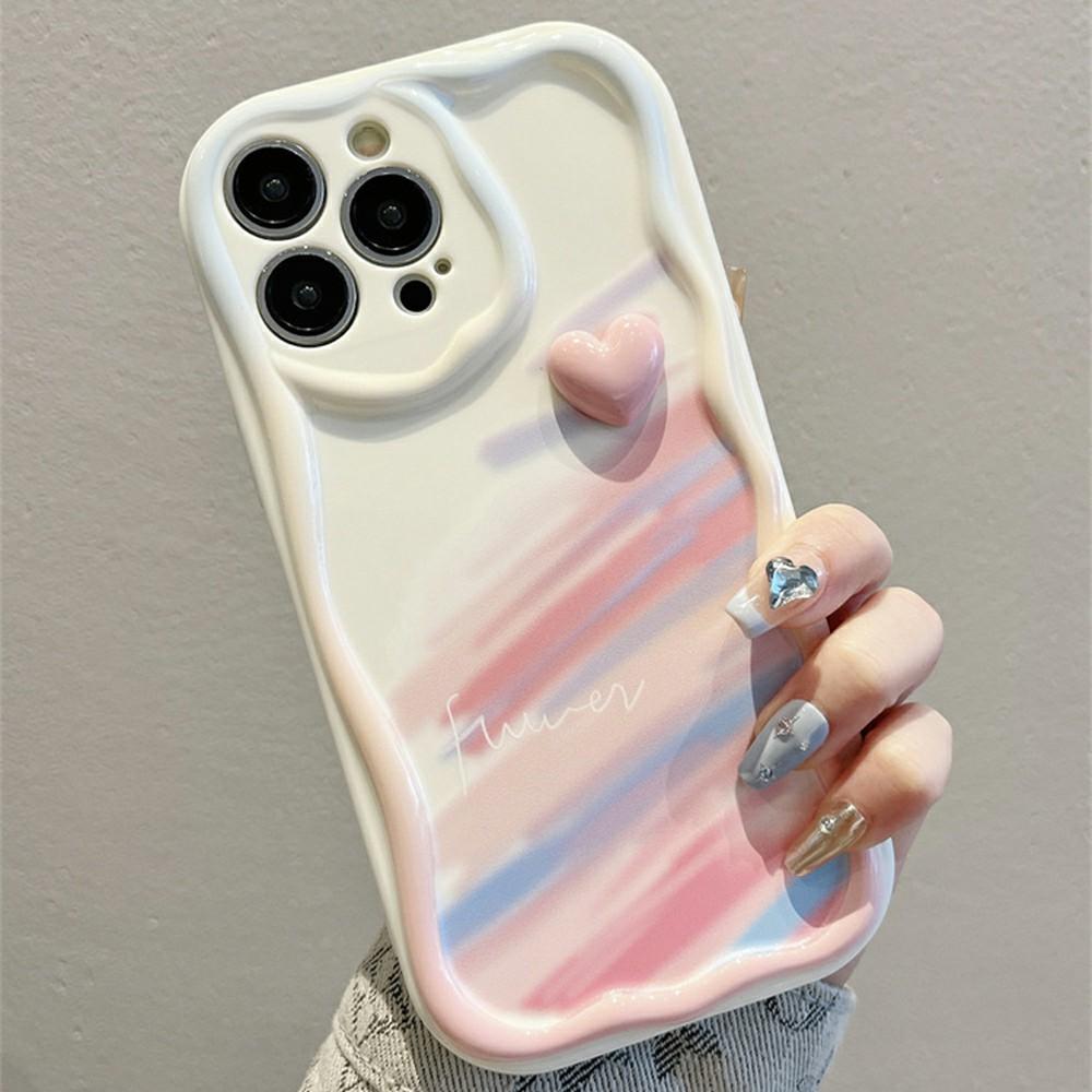 For iPhone 16 Pro Case Rainbow Graffiti 3D Heart Decor Silicone Phone Cover