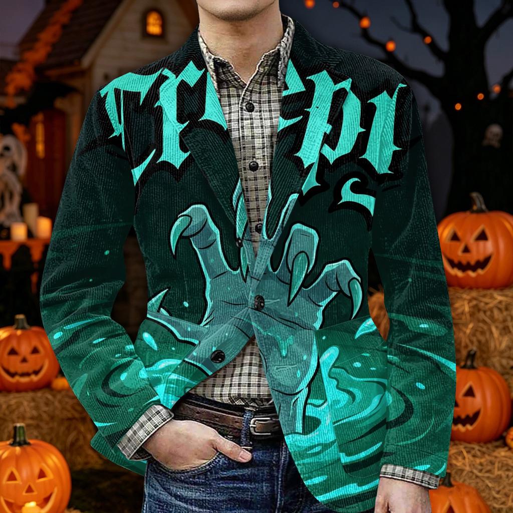 Men's Corduroy Blazer Jacket with Halloween Print Warm Button Front Casual Suit Coat with Pockets for Everyday Wear