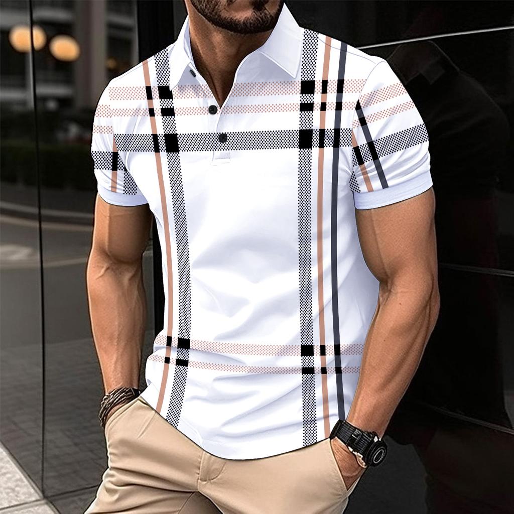 Men's Casual Polo Shirt Striped Short Sleeve T-Shirt Men's Breathable Top Commercial Zipper lapel Street Casual Wear
