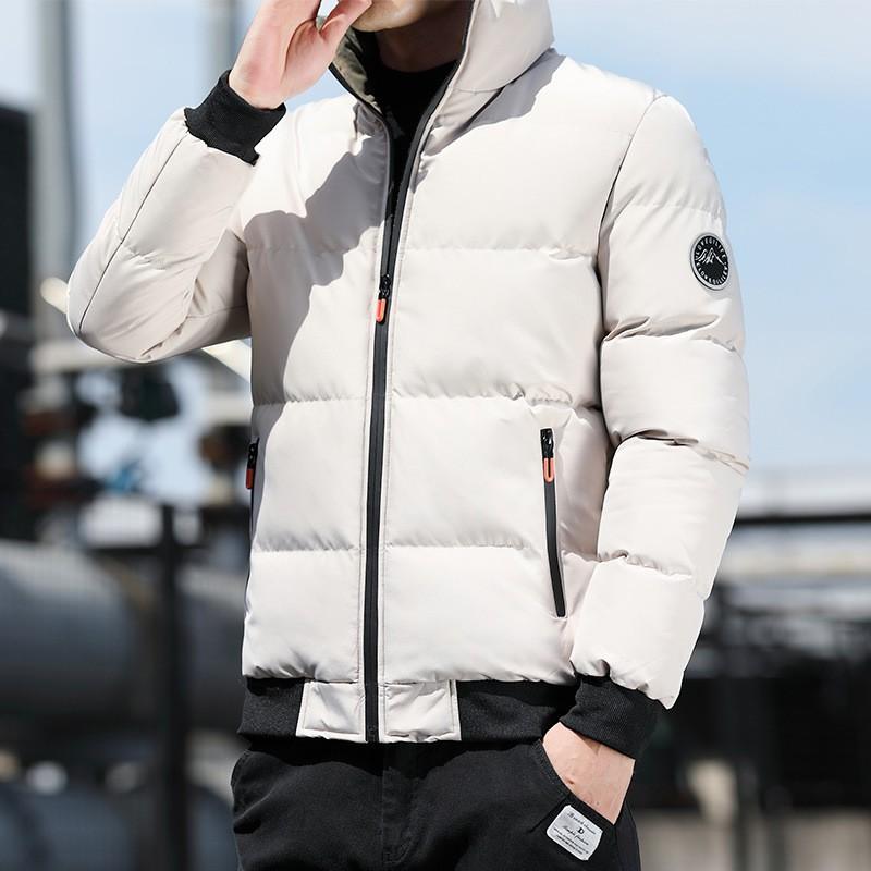 Mens Winter Warm Cotton Puffer Jacket Short Style Stand Collar Loose Fit Zipper Front Daily Wear