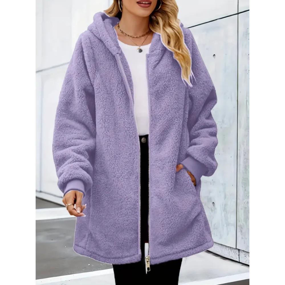 Damen Plüsch Reißverschluss Jacke Mit Kapuze Locker Langarm Pelzig Strickjacke Winter