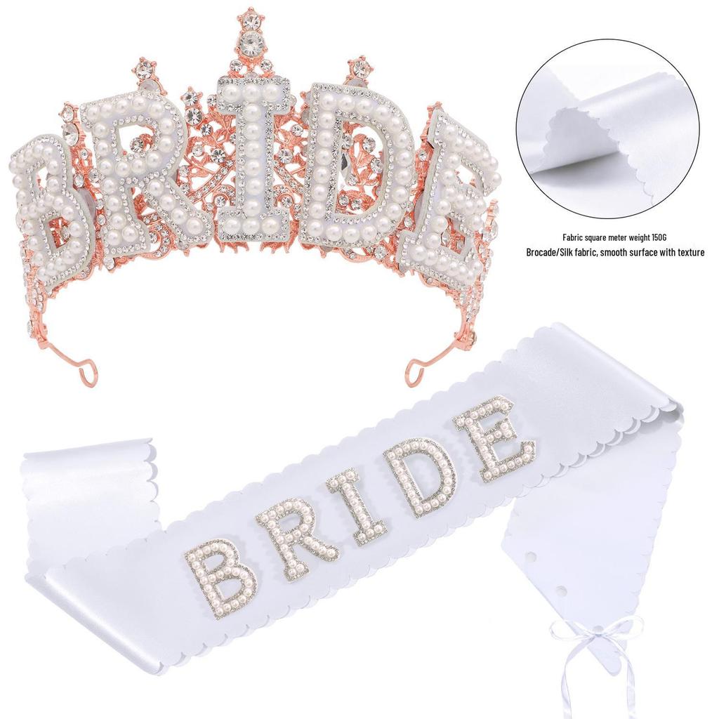 New Crystal Pearl Bride Crown & Headdress for Bachelorette Party with "BRIDE" Sash