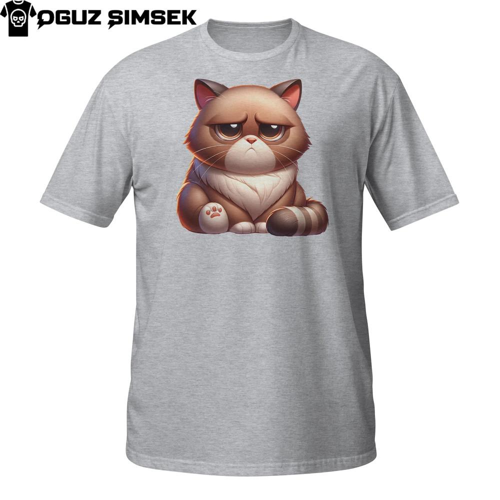 

Sad Grumpy Cat T-Shirt – Tired Cartoon Kitten for Mood-Based Fashion Unisex S
