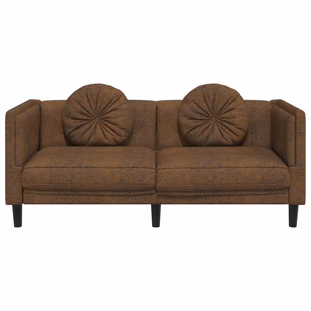 2 Seater Sofa with Cushions Brown Artificial Leather Suede Like Texture