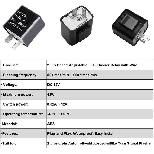 Adjustable 2 Prong Electronic LED Flasher Relay with Wires for Bikes Motorcycles Scooters Turn Signals Hyper Flash 2 Pin Blinkers Relay Plug and Play