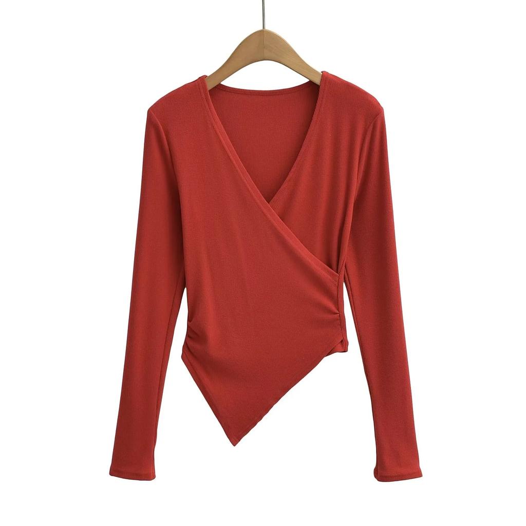 2025 Tief ausgeschnittenes Wickel-T-Shirt mit V-Ausschnitt für Damen, einteiliges Wickel-T-Shirt, sexy Unterteil-Shirt, einfarbiges Oberteil