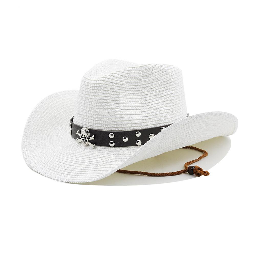 Metal Skull Decors Women Men Straw Weaving Hat for Spring Summer Elegant Lady Man Church Cosplay Hat Adjustable