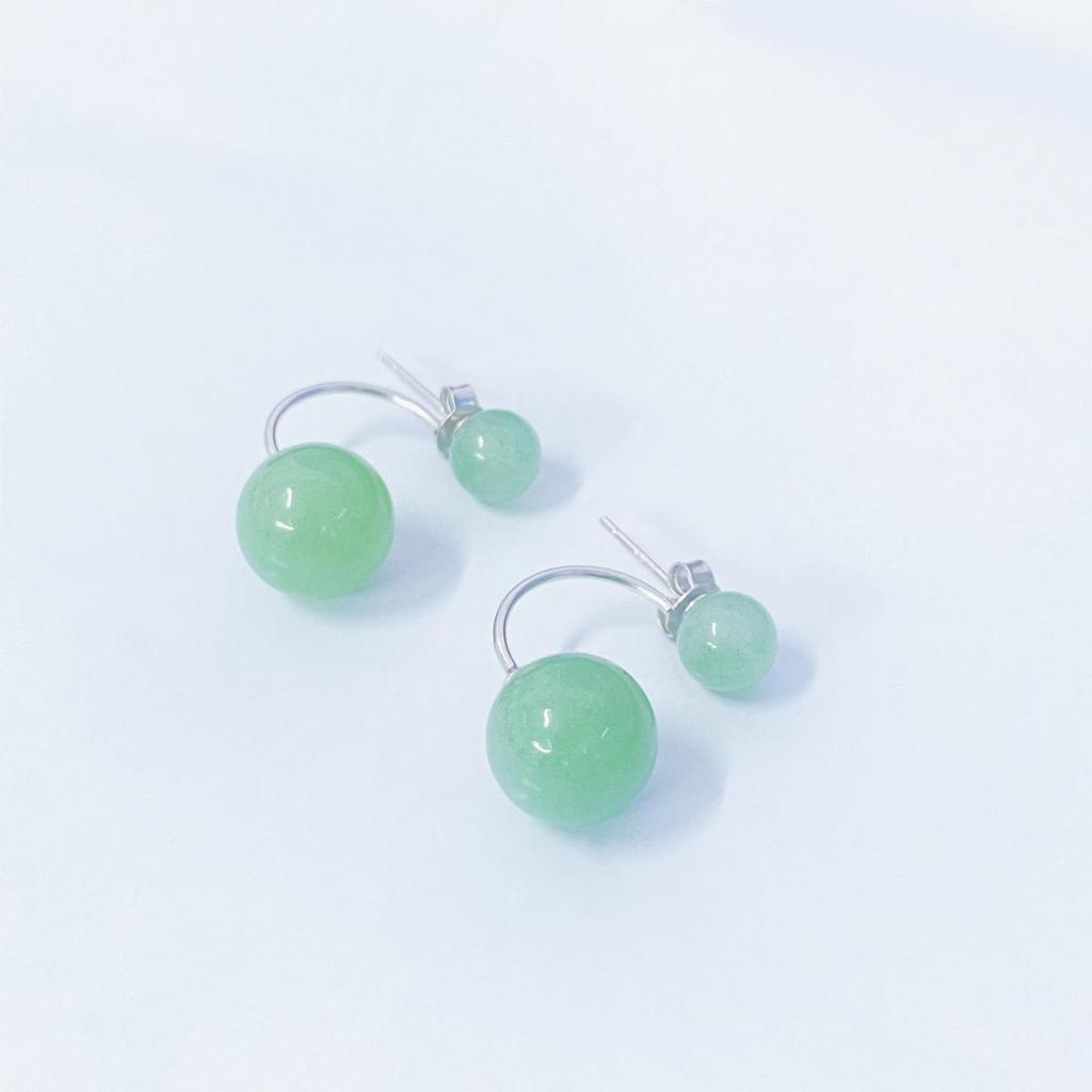 New S925 Sterling Silver Green Aventurine Double Round Bead Stud Earrings - Retro Chinese Style for Women