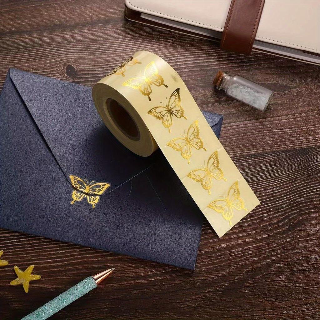 500pcs Golden Foil Butterfly Stickers - Self-Adhesive Envelope Sealing Labels, Perfect for Gift Cards, Birthday Parties & Handmade Crafts