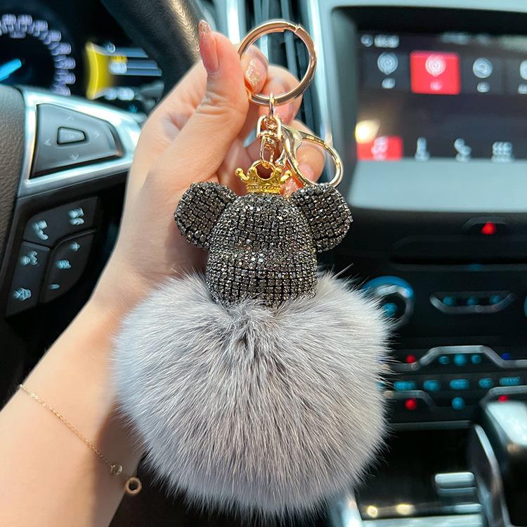 Portachiavi creativo a forma di orso con strass, pelliccia, pelliccia di volpe, portachiavi per auto, ciondolo per borsa, piccolo regalo alla moda
