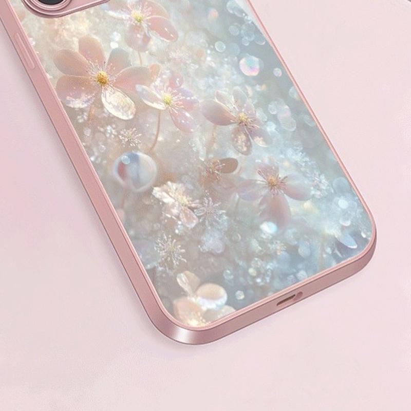 Pink Flower Glitter Pattern Metallic Tempered Glass Phone Case For iPhone 17 16 15 14 13 12 11 Pro Max 15 Plus 17 Air 17E Cover