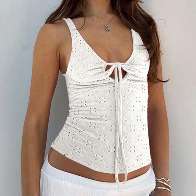 

Women s Red Eyelet Lace Camisole V Neck Tie Front Sleeveless Crop Top Summer Casual Slim Fit Vest S білий