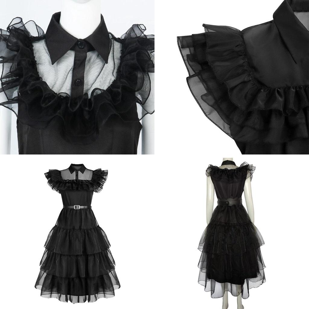 Wednesday Addams Kids Dress Cosplay Costume Party A-shaped Tiered Skirt